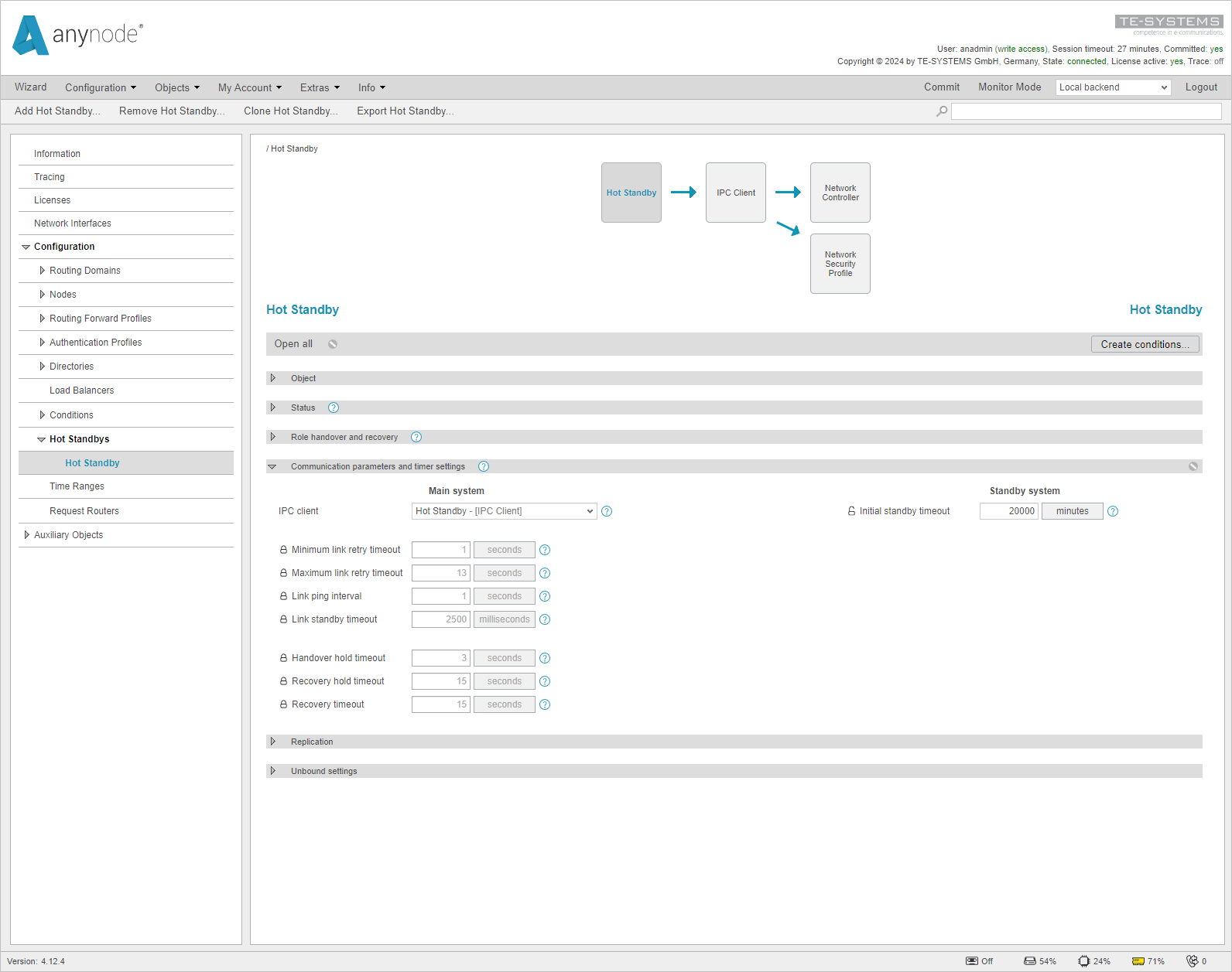 Screenshot: anynode – The Software SBC frontend with hot standby menu communication parameters and timer settings.