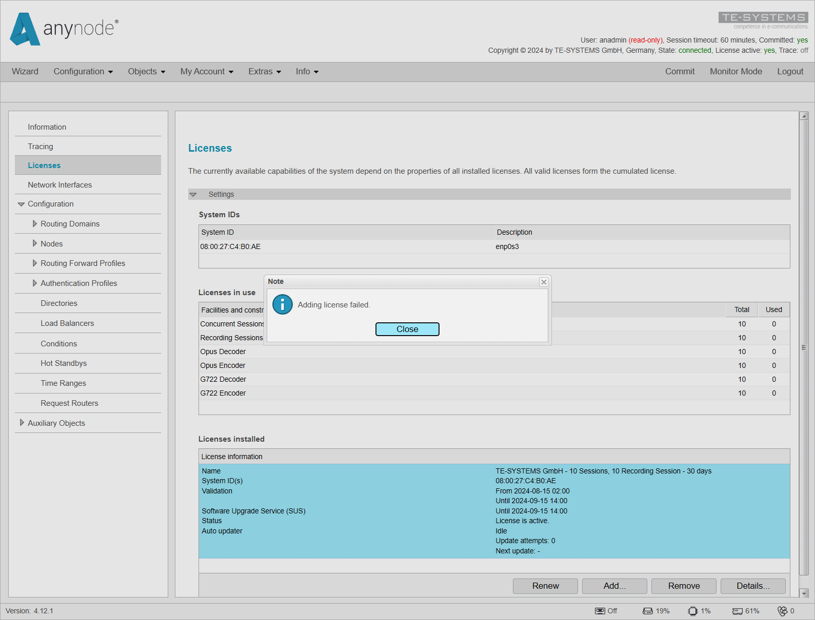 Screenshot: anynode – The Software SBC frontend with licenses menu and message: "Adding license failed".