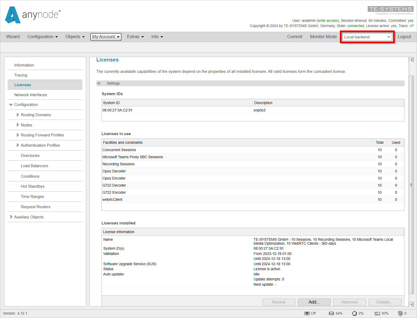 Screenshot: anynode – The Software SBC frontend with licenses menu on the local backend.