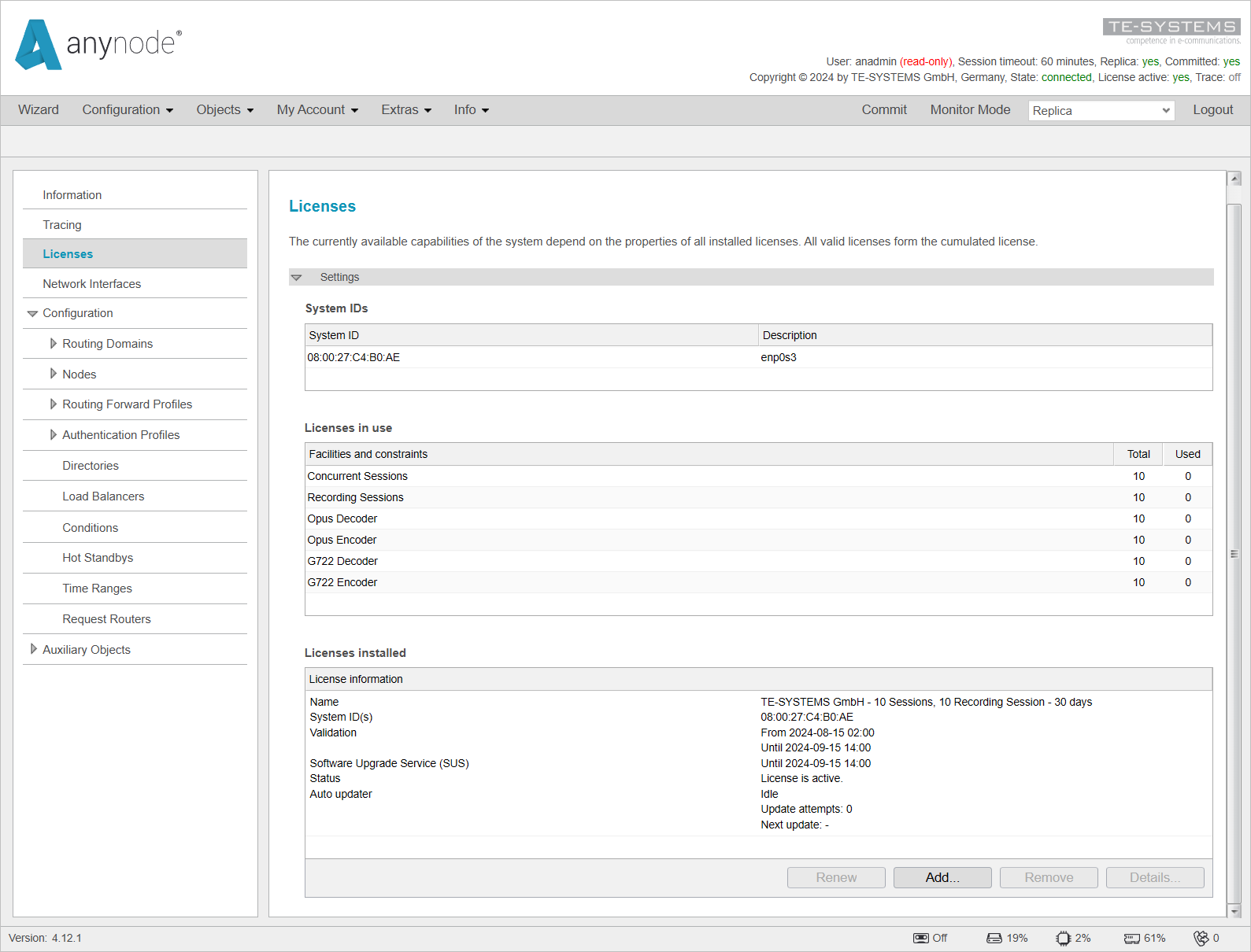 Screenshot: anynode – The Software SBC frontend with licenses menu on the local backend.