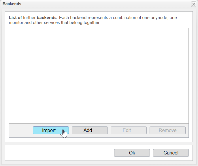 Screenshot: anynode – The Software SBC frontend with list of further backends and import function.