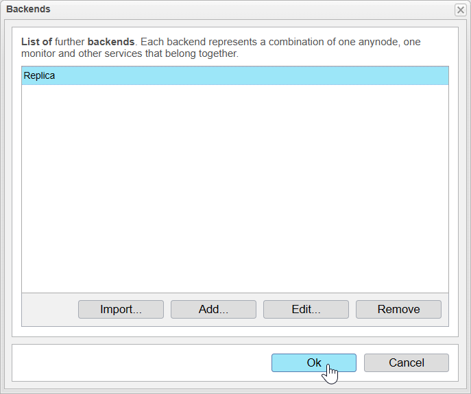 Screenshot: anynode – The Software SBC frontend with list of imported backends.