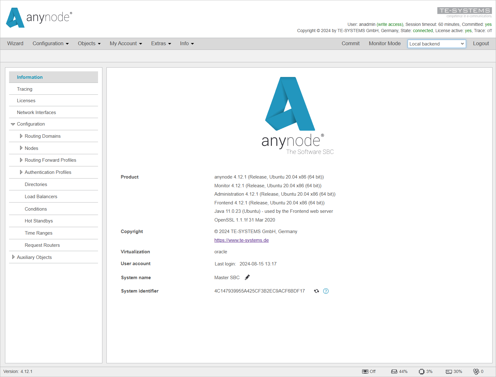 Screenshot: anynode – The Software SBC frontend with main information view on the local backend.