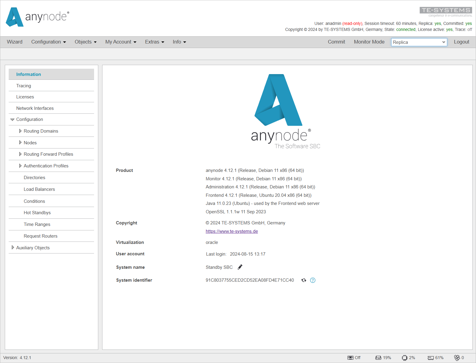 Screenshot: anynode – The Software SBC frontend with main information view on the replica system.