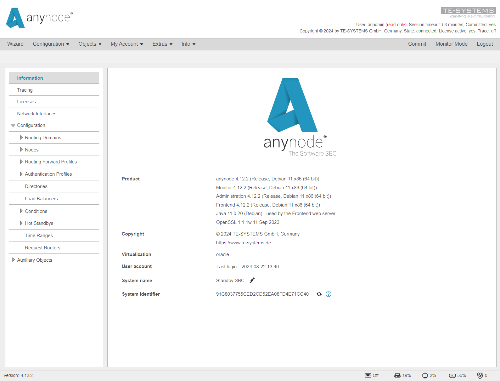 Screenshot: anynode – The Software SBC frontend with main information view.