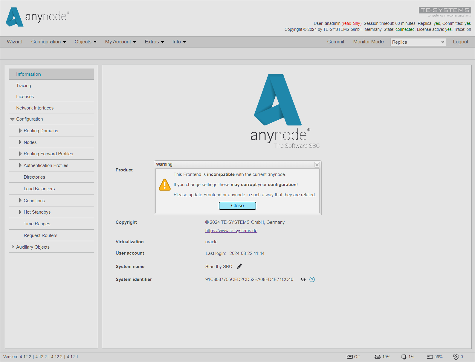 Screenshot: anynode – The Software SBC frontend with main information view and warning message.