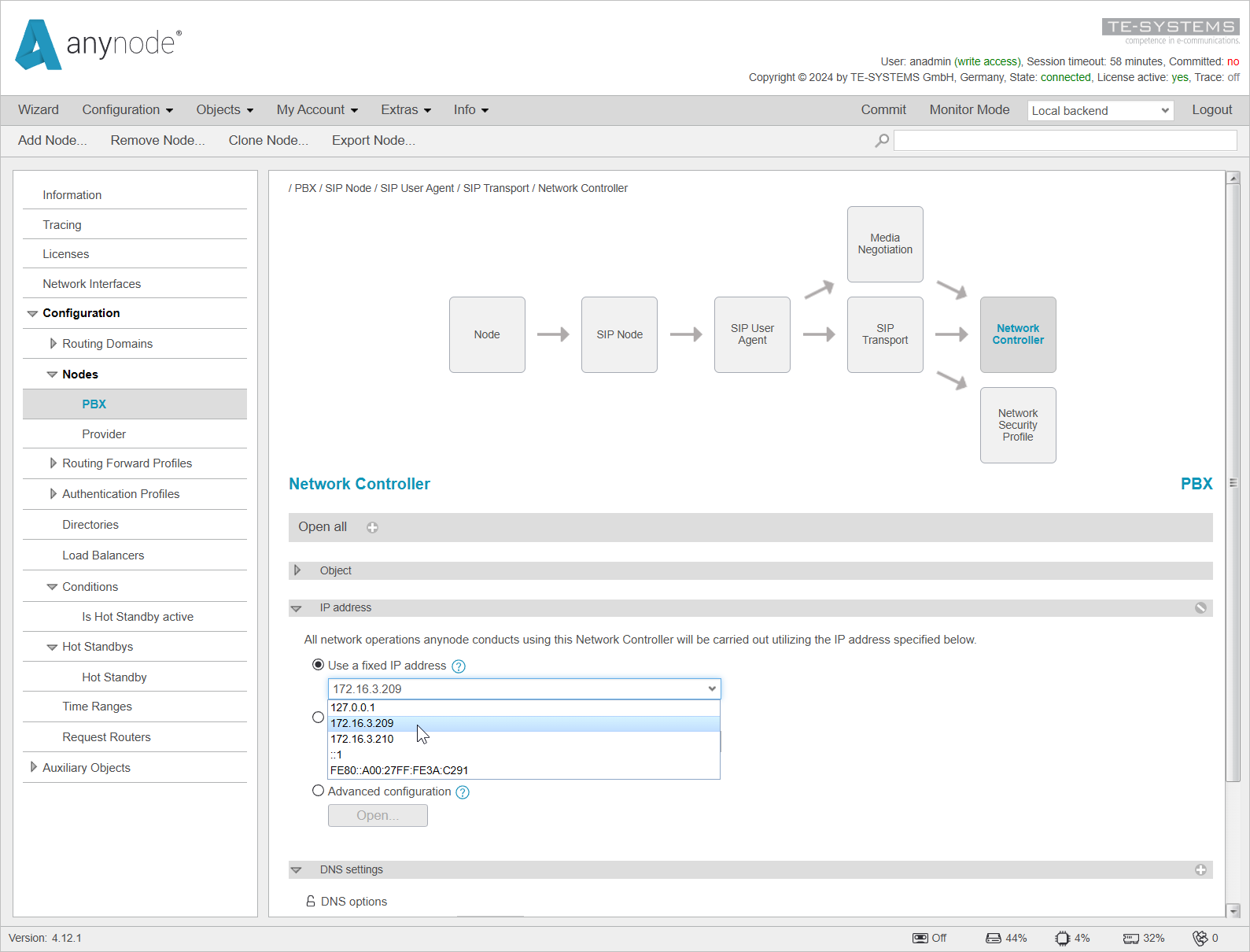 Screenshot: anynode – The Software SBC frontend with network controller object for the PBX node and IP address settings.