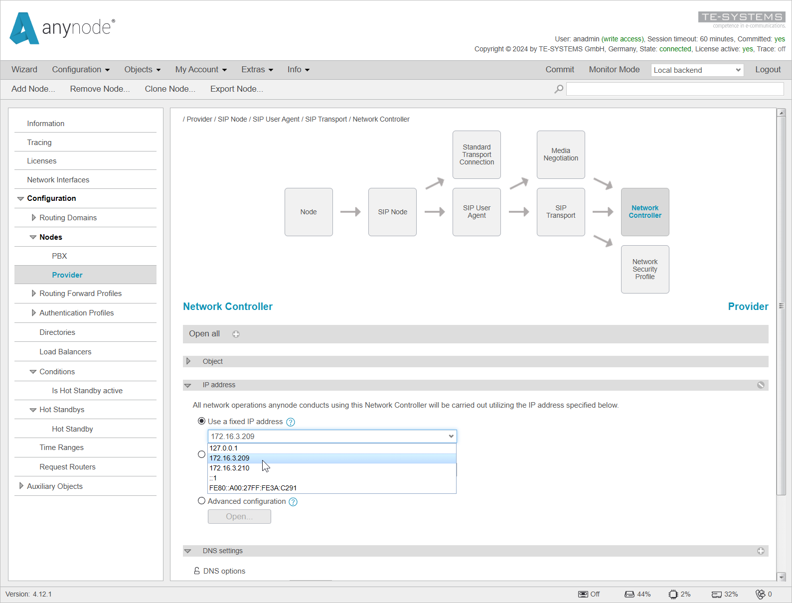 Screenshot: anynode – The Software SBC frontend with network controller object for the provider node and IP address settings on the local backend.