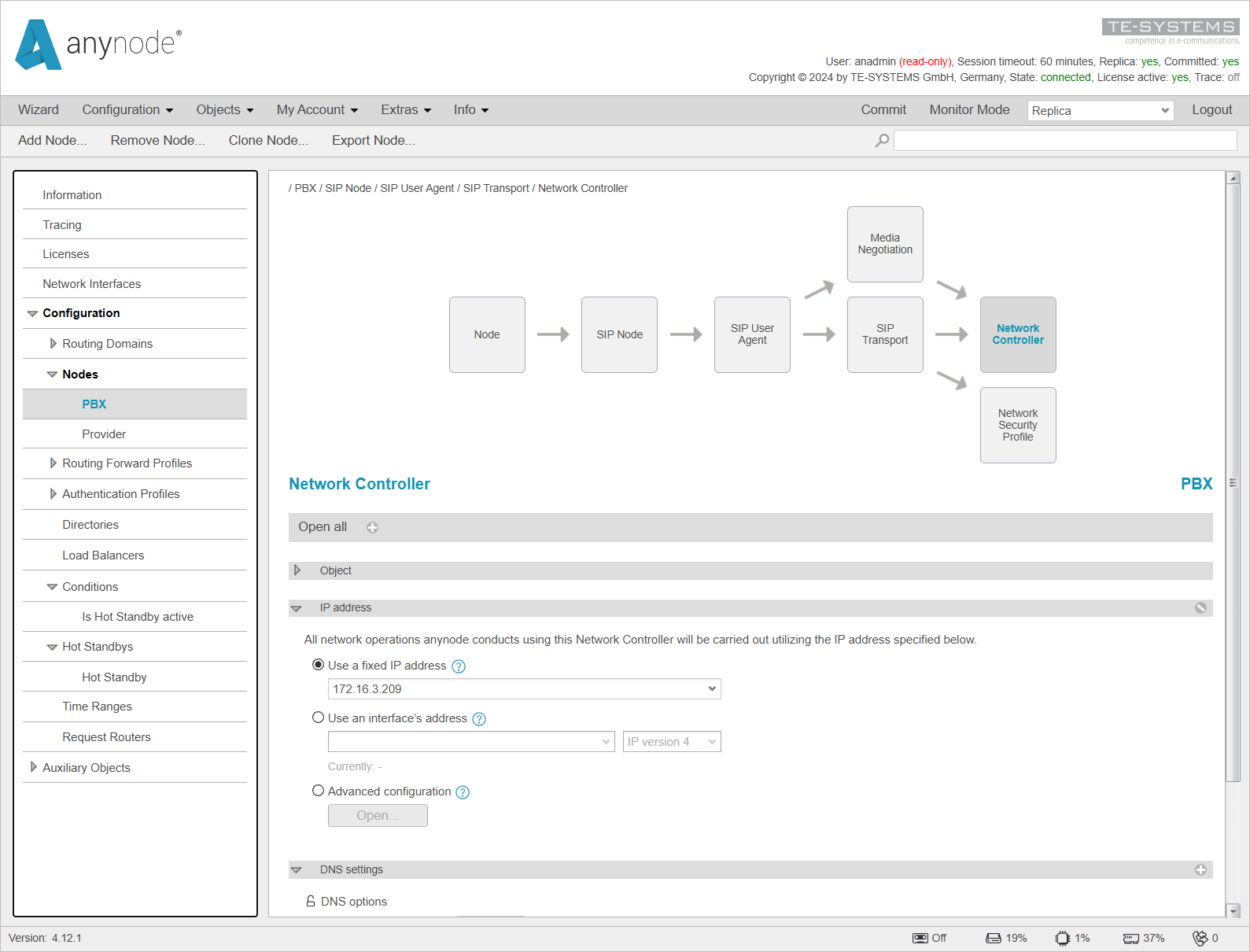 Screenshot: anynode – The Software SBC frontend with network controller object for the PBX node and IP address settings on the replica system.