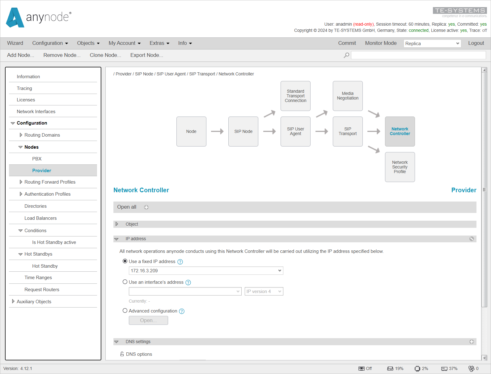 Screenshot: anynode – The Software SBC frontend with network controller object for the provider node and IP address menu on the replica system.