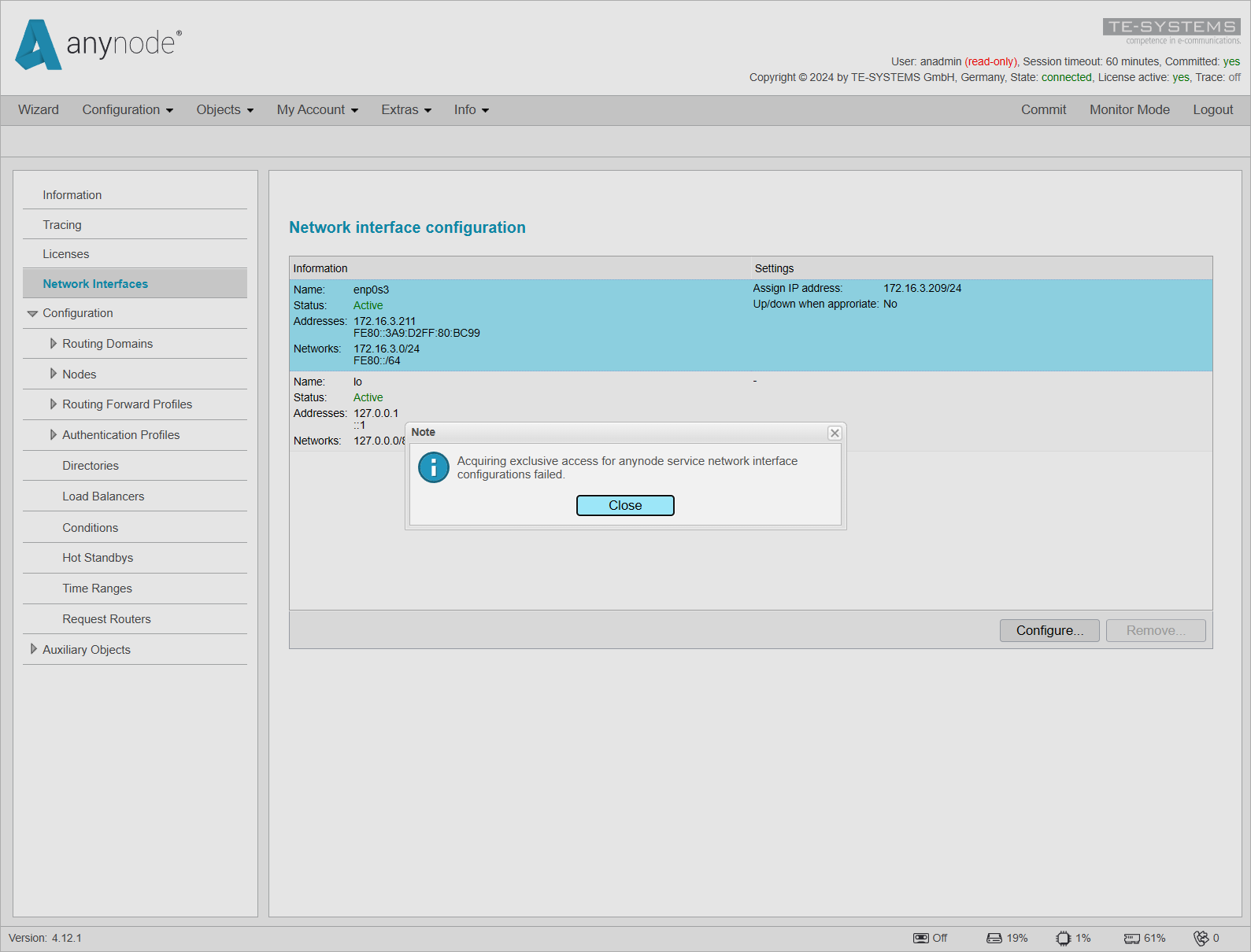 Screenshot: anynode – The Software SBC frontend with network interfaces menu and message: "Acquiring exclusive access for anynode service network interface configurations failed."