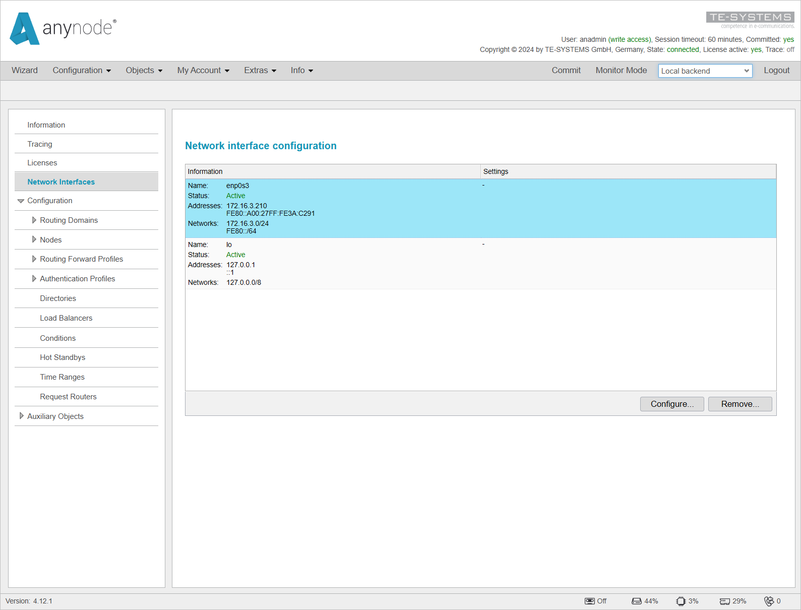 Screenshot: anynode – The Software SBC frontend with network interfaces menu on the local backend.