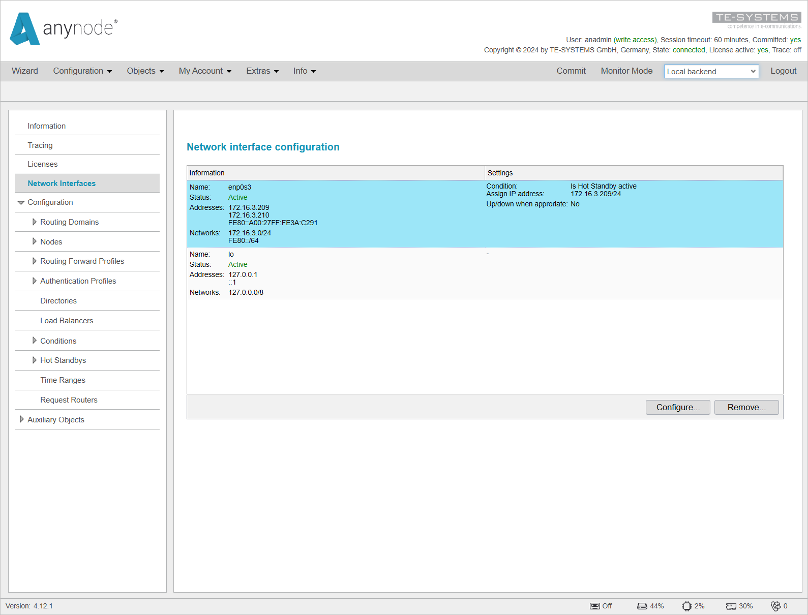 Screenshot: anynode – The Software SBC frontend with network interfaces menu and an IP address assigned with a condition. 