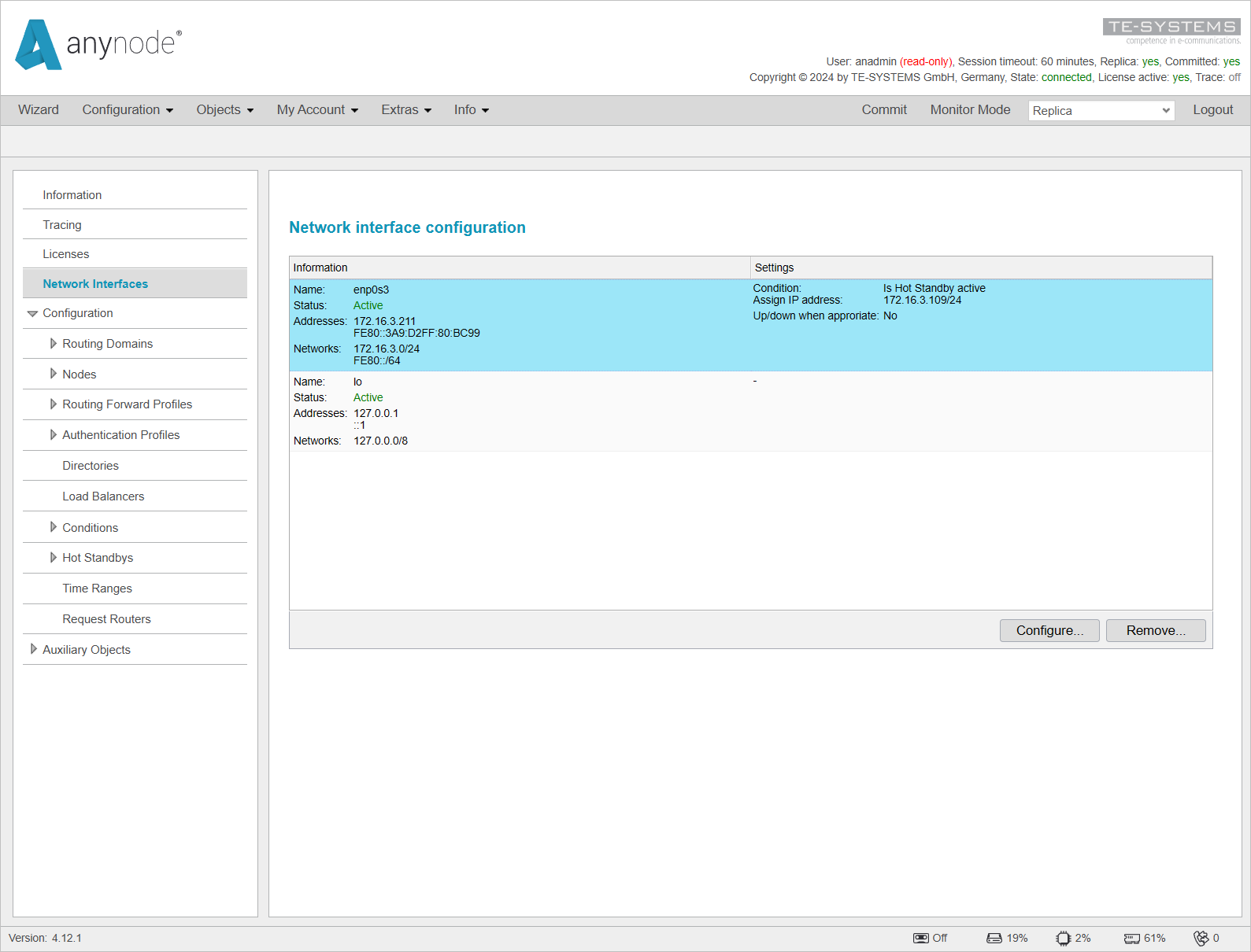 Screenshot: anynode – The Software SBC frontend with network interfaces menu and an IP address assigned with a condition on the replica system.