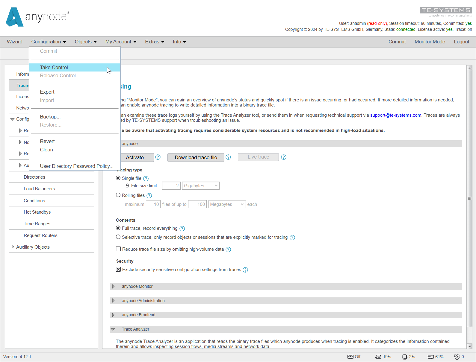 Screenshot: anynode – The Software SBC frontend with take control function.