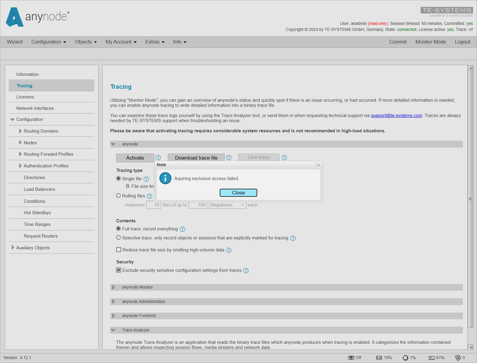 Screenshot: anynode – The Software SBC frontend with tracing menu and message: "Acquiring exclusive access failed".