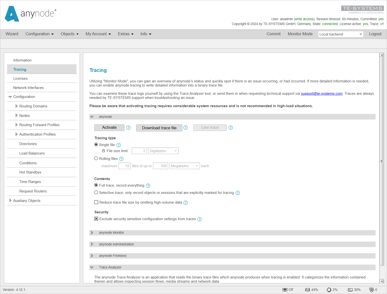 Screenshot: anynode – The Software SBC frontend with tracing menu on the local backend.