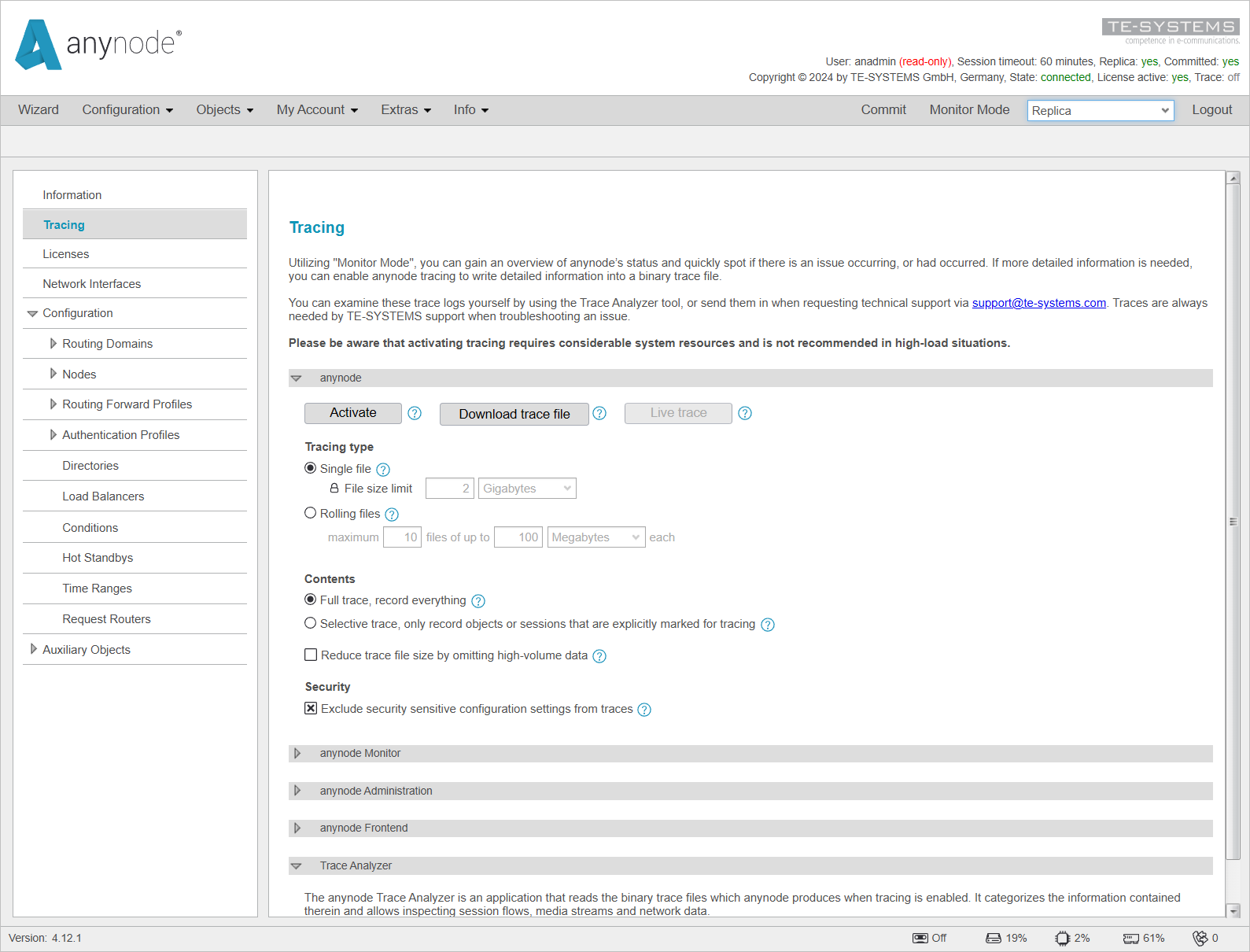 Screenshot: anynode – The Software SBC frontend with tracing menu on the replica system.