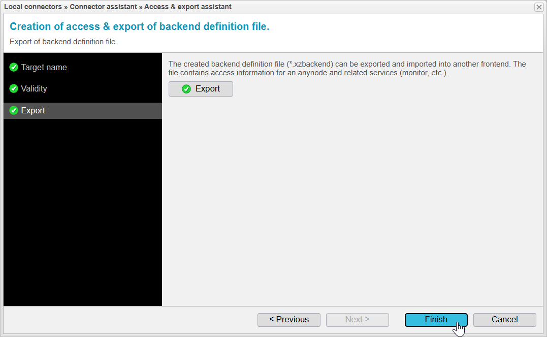 Screenshot: backend definition file assistant after exporting the access file and clicking on finish