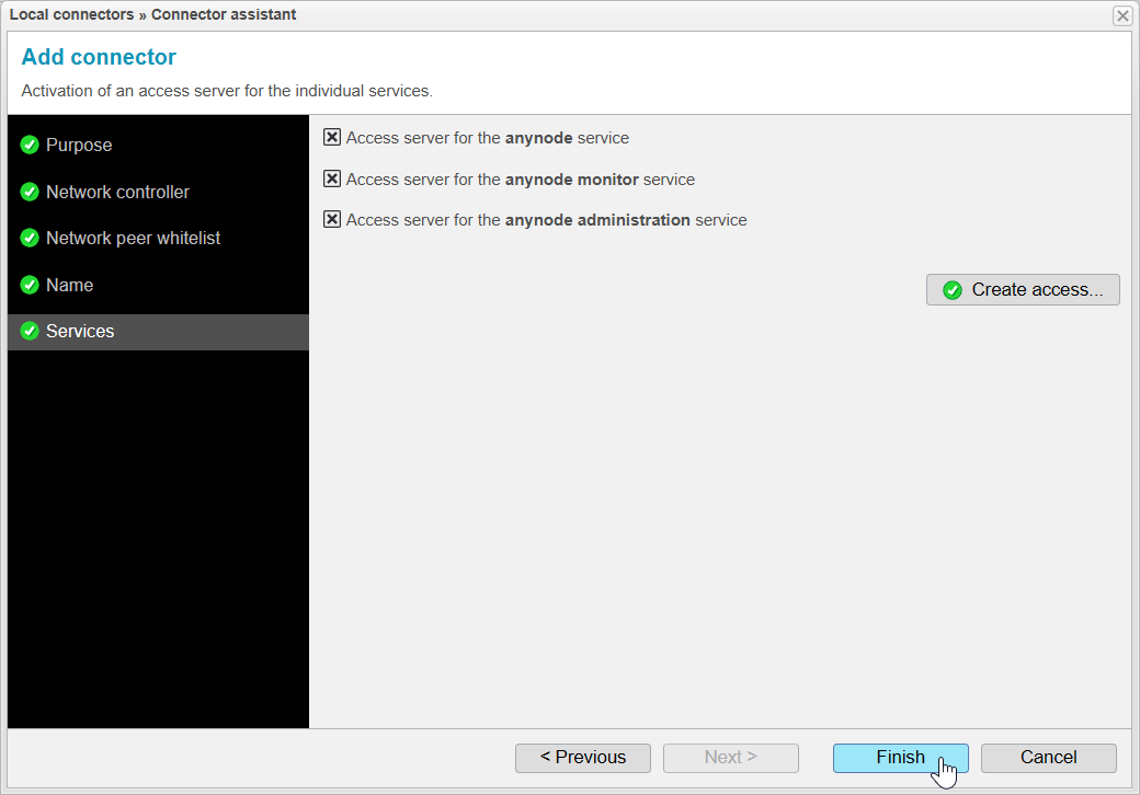 Screenshot: backend definition file assistant after exporting the access file and clicking on finish