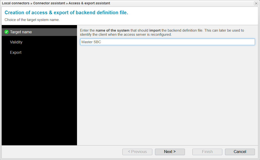 Screenshot: backend definition file assistant choosing name of the target system