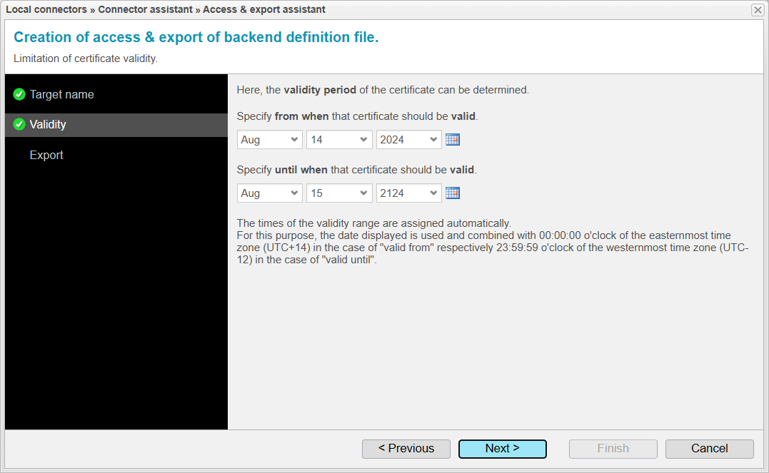 Screenshot: backend definition file assistant choosing setting the certificate vailidity