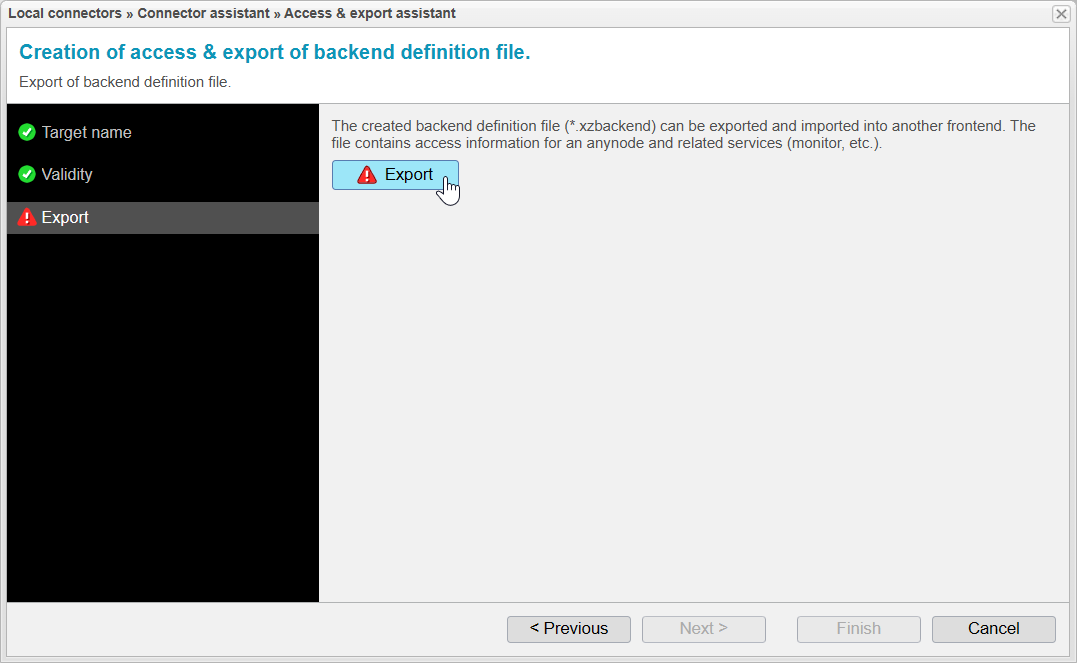 Screenshot: backend definition file assistant exporting the access file