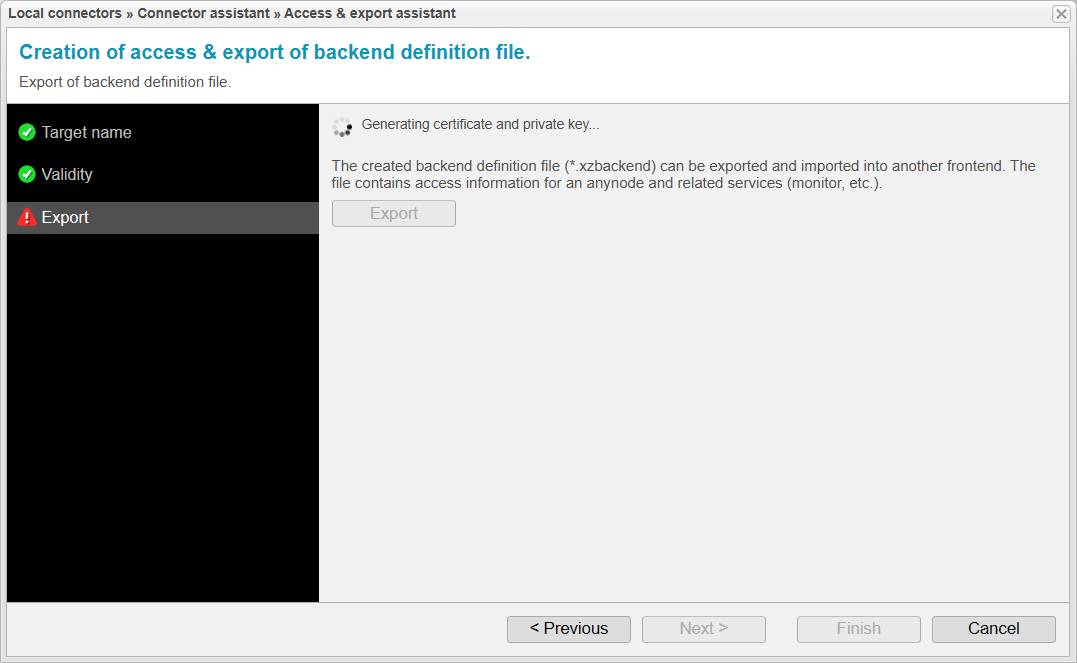 Screenshot: backend definition file assistant waiting for the access file to be created