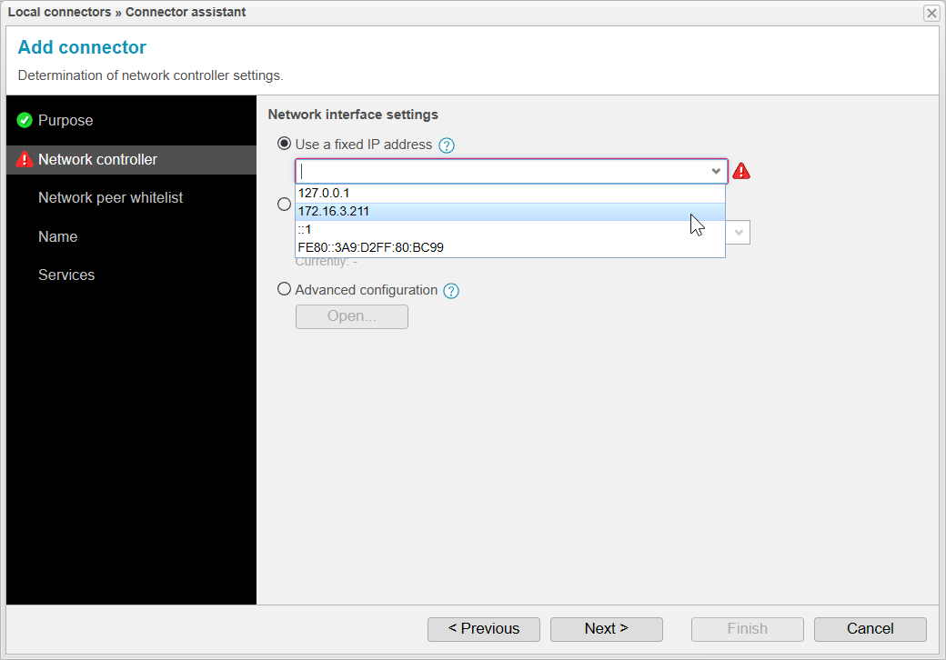 Screenshot: local connector assistant in network controller step choosing a fixed ip address