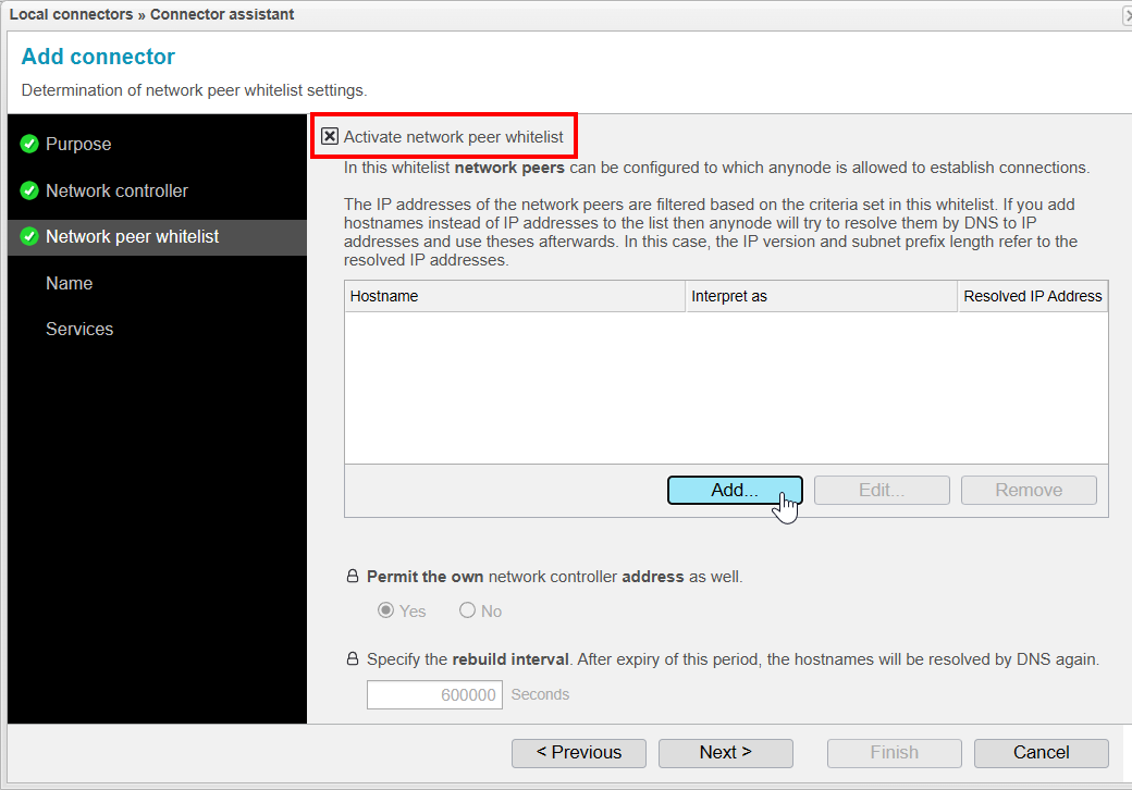 Screenshot: local connector assistant in network peer whitelist step, with activated whitelist and no rules added