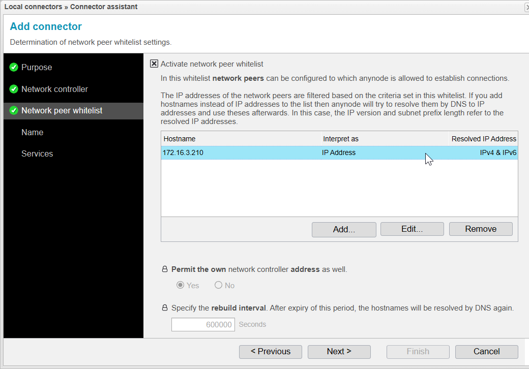 Screenshot: local connector assistant in network peer whitelist step after adding an entry