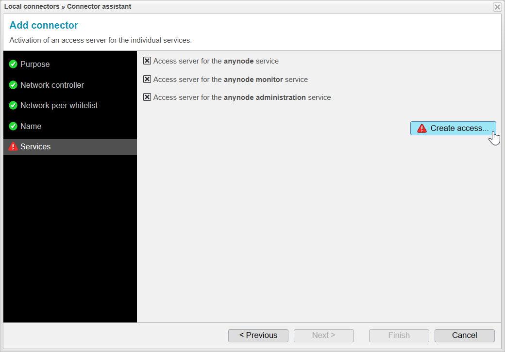 Screenshot: local connector assistant in services step ready to create the access