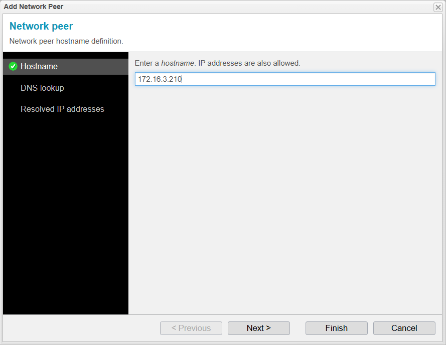 Screenshot: network peer whitelist assistant in hostname step with an added ip address