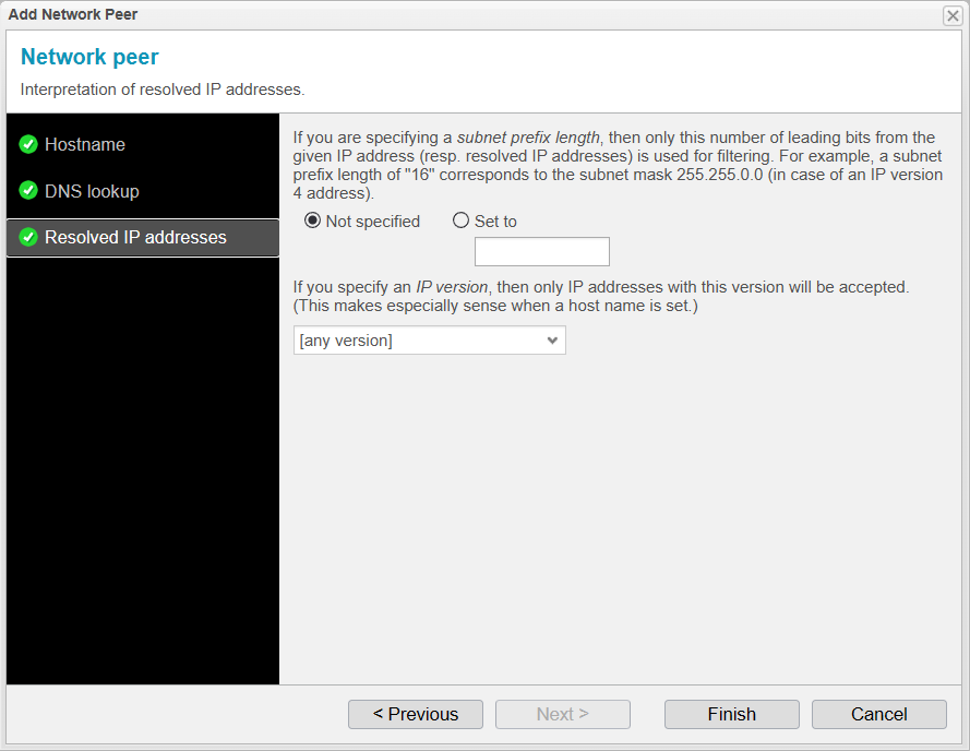 Screenshot: network peer whitelist assistant in resolved ip addresses step