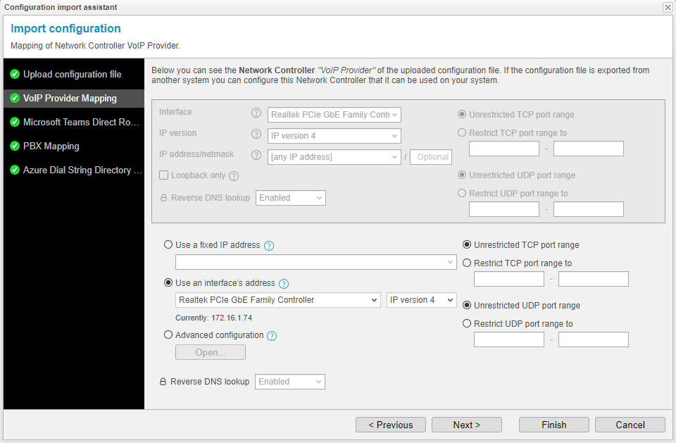 Screenshot: anynode configuration import assistant with mapping of network controller for the VoIP provider.