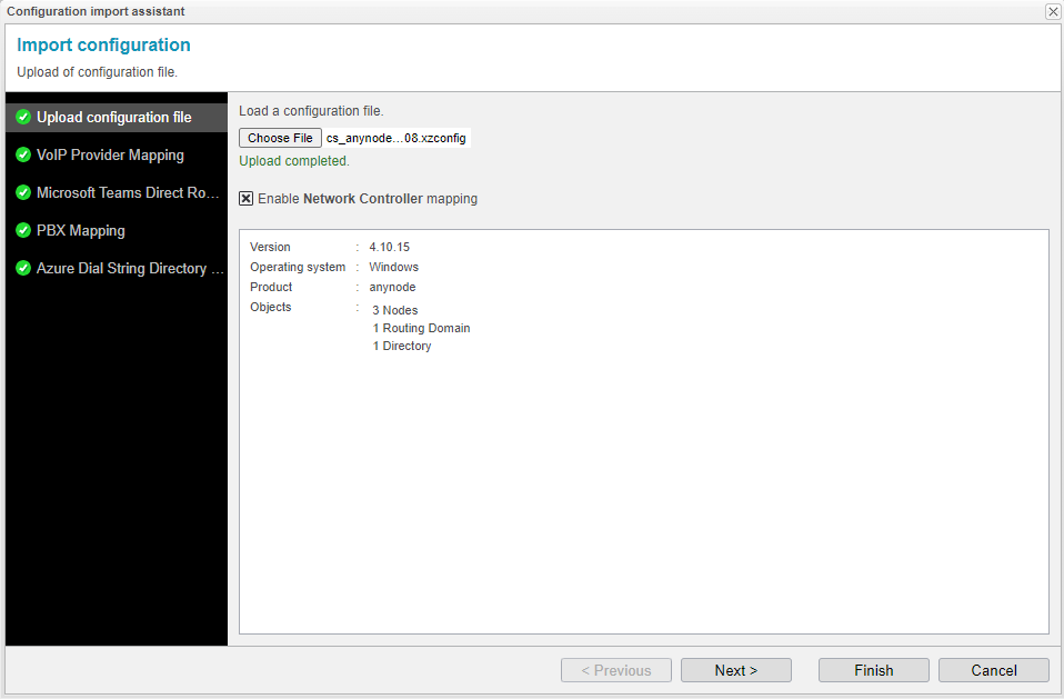 Screenshot: anynode configuration import assistant with uploaded configuration file.