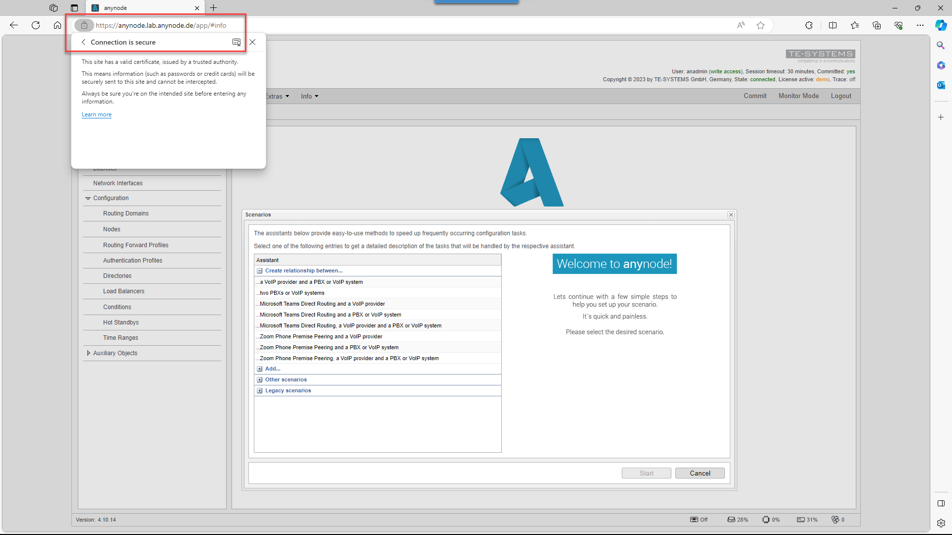 Screenshot: anynode frontend access with a secure connection and valid certificate.