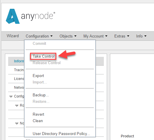 Screenshot: anynode frontend after restored configuration backup and take control function.