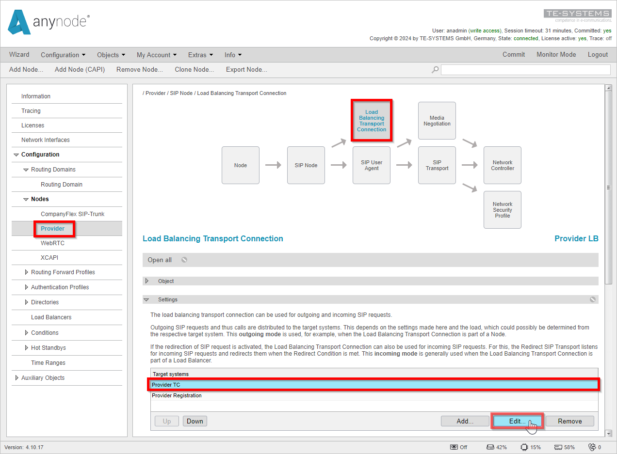 Screenshot: anynode frontend editing Load Balancing Transport Connection target systems