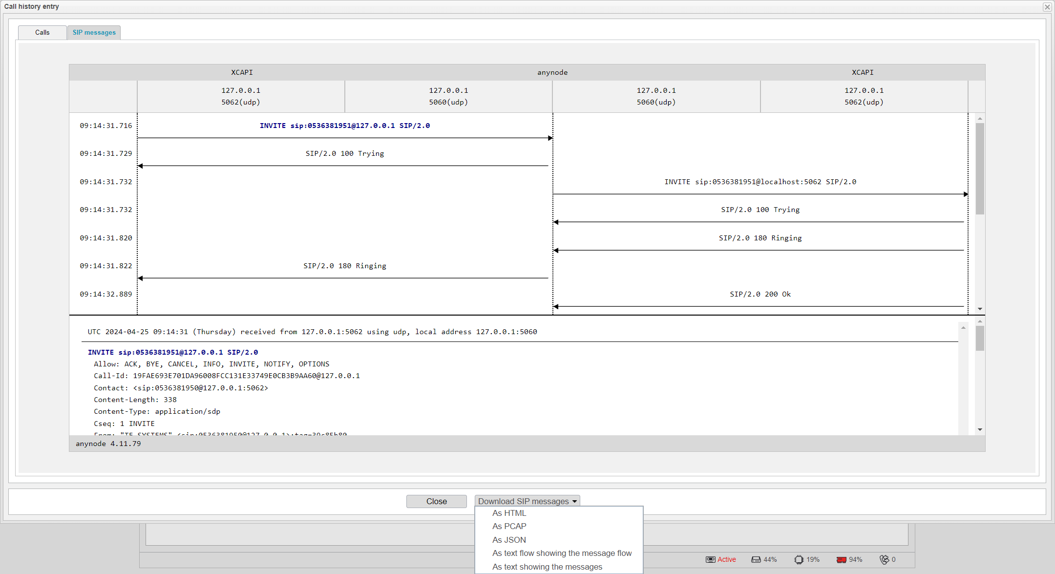 Screenshot: anynode frontend in call history showing the sip signaling messages from call and download possibilities