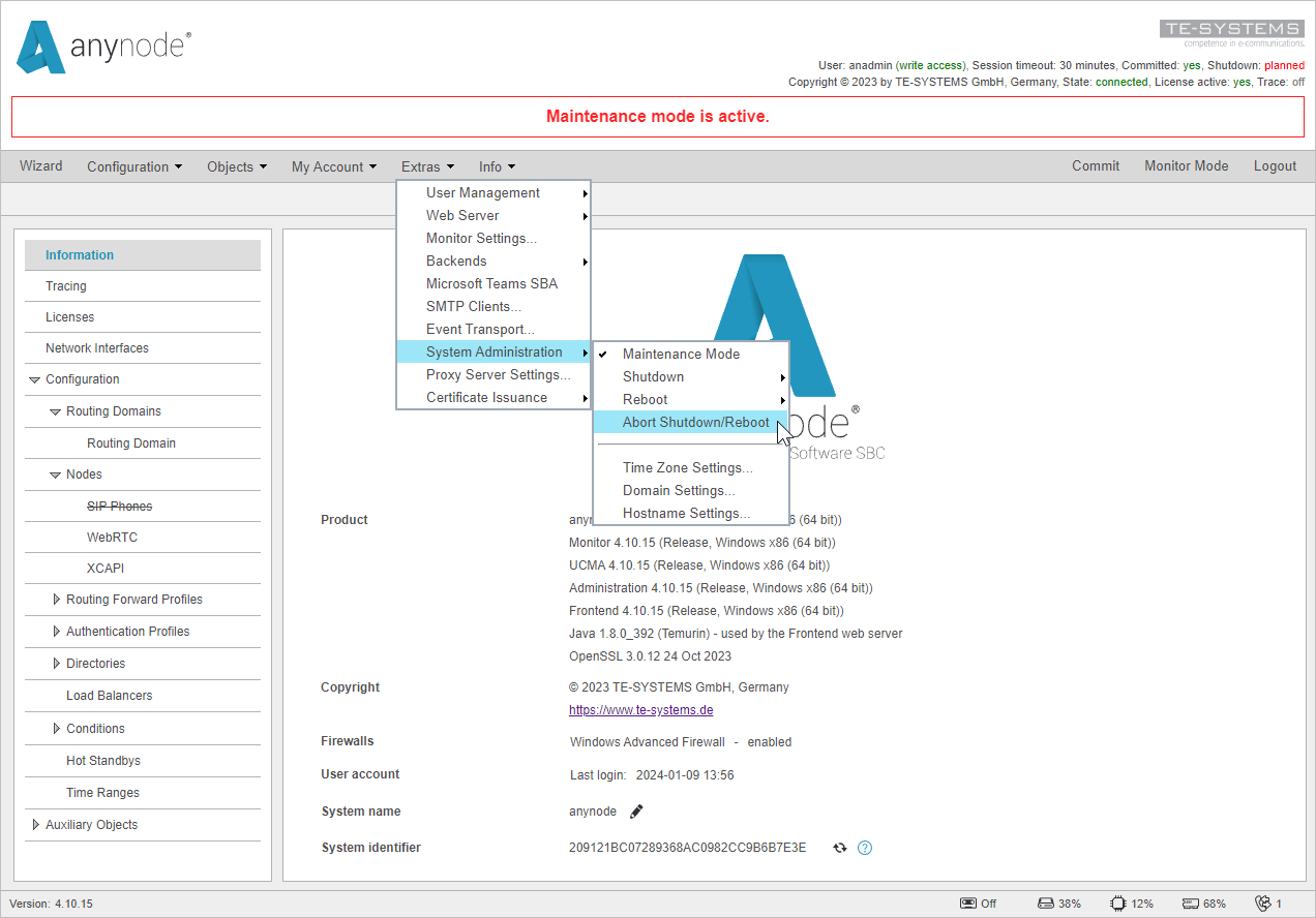 Screenshot: anynode frontend in configuration mode aborting maintenance shutdown or reboot