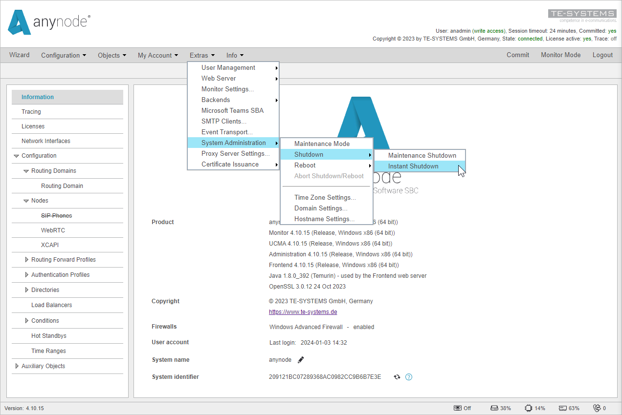 Screenshot: anynode frontend in configuration mode activating instant shutdown