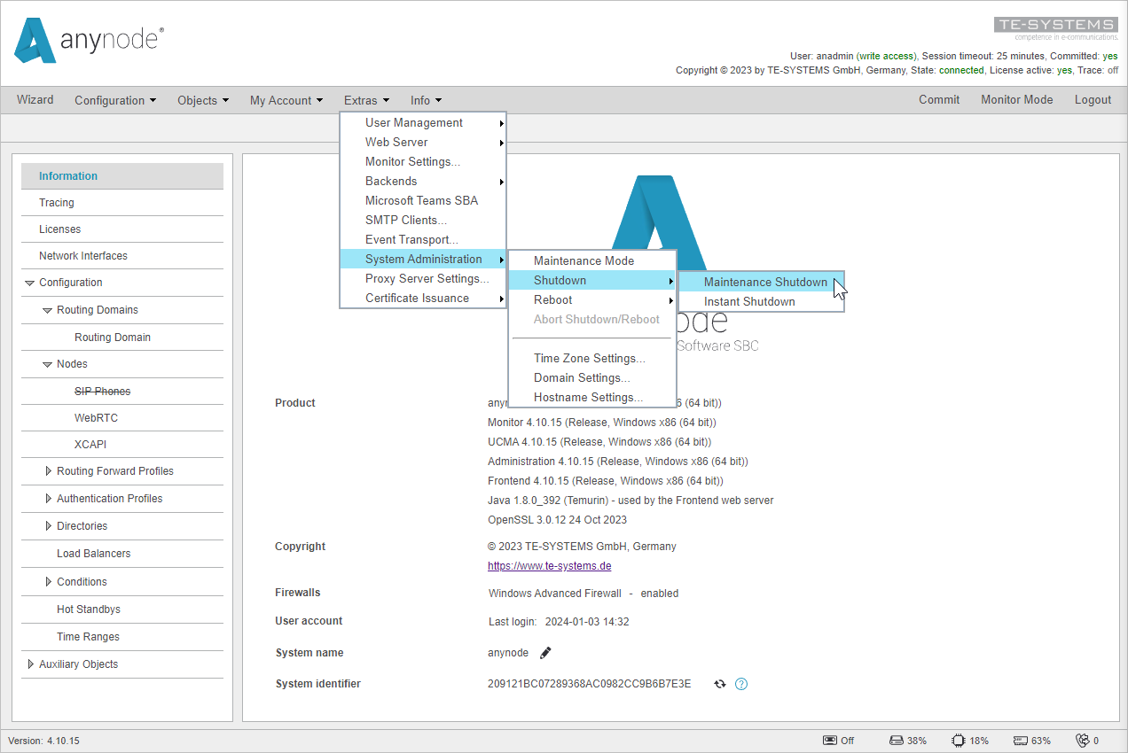 Screenshot: anynode frontend in configuration mode activating maintenance shutdown