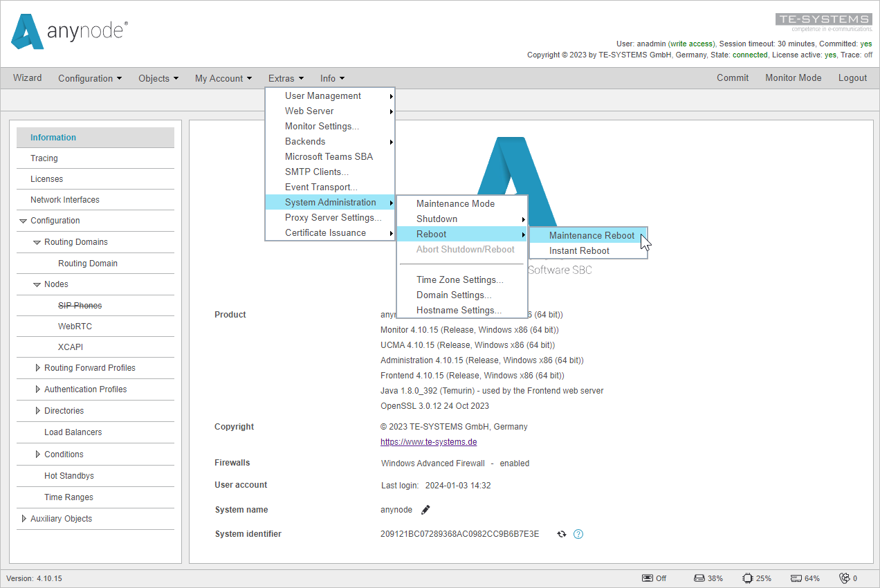 Screenshot: anynode frontend in configuration mode activating maintenance reboot