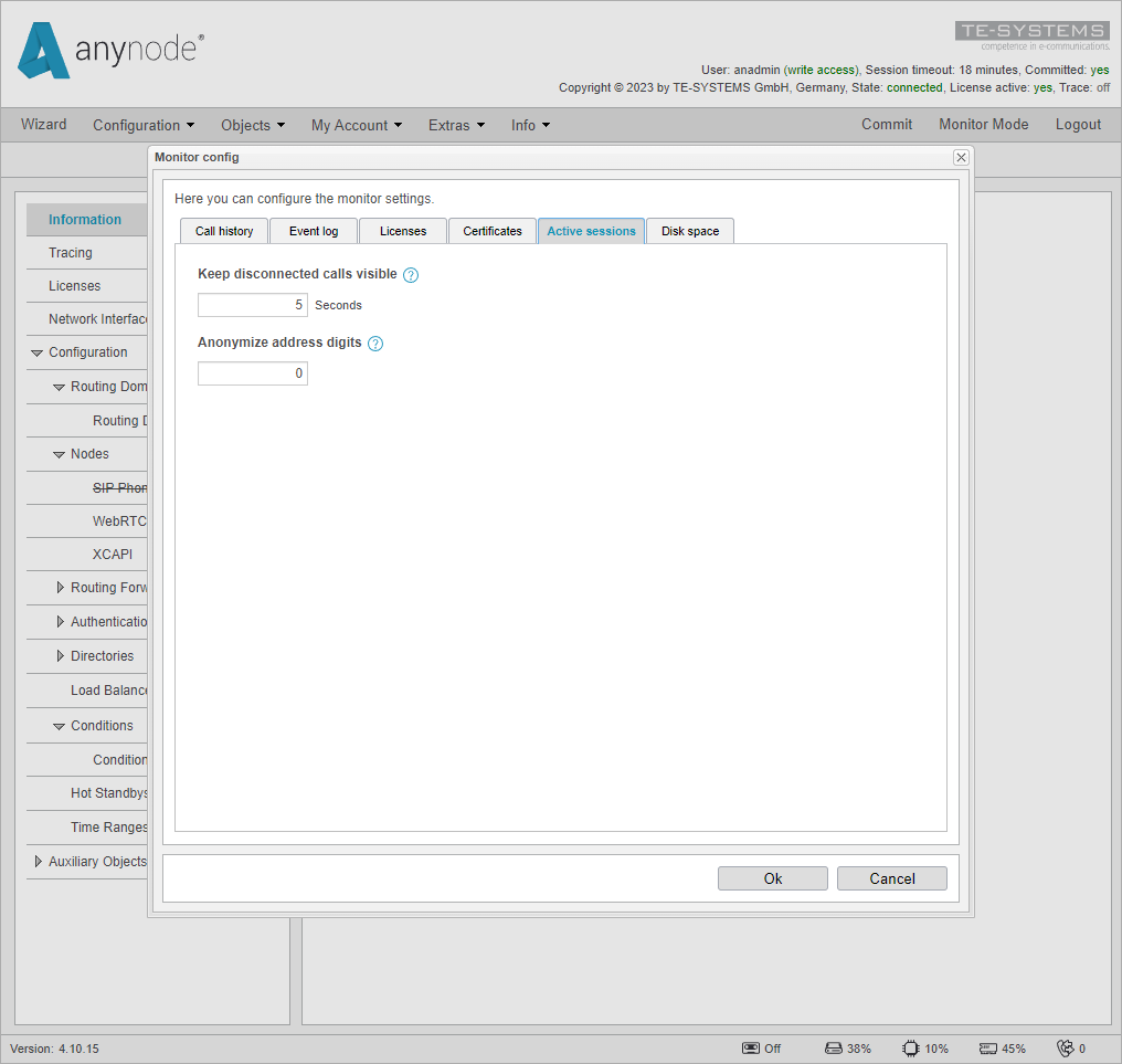 Screenshot: anynode frontend in configuration mode active sessions settings