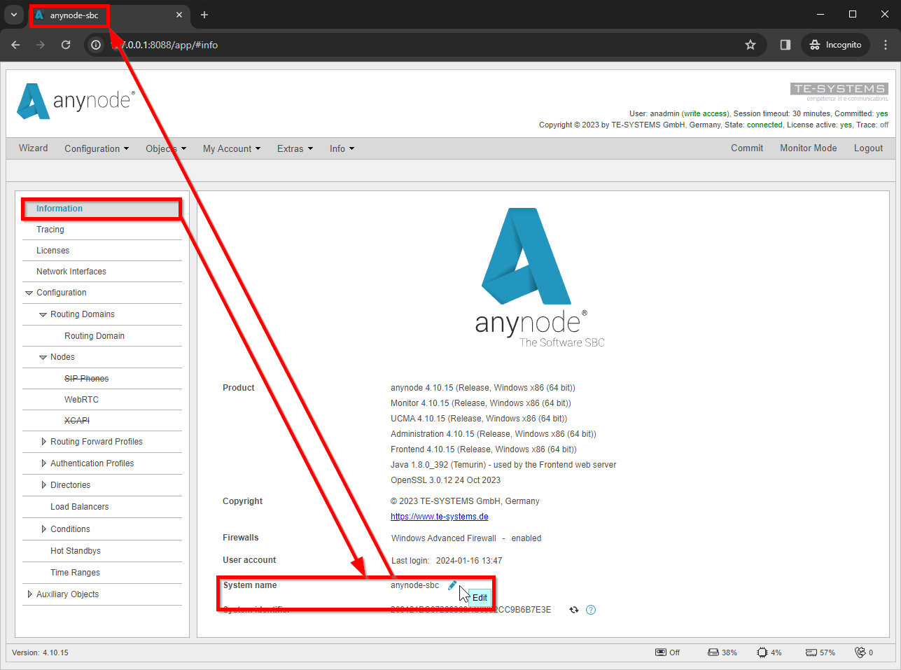 Screenshot: anynode frontend in configuration mode change system name