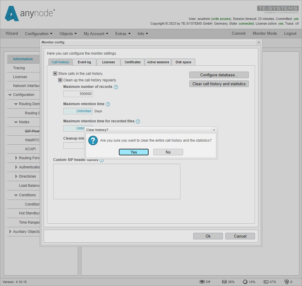 Screenshot: anynode frontend in configuration mode clear call history confirmation