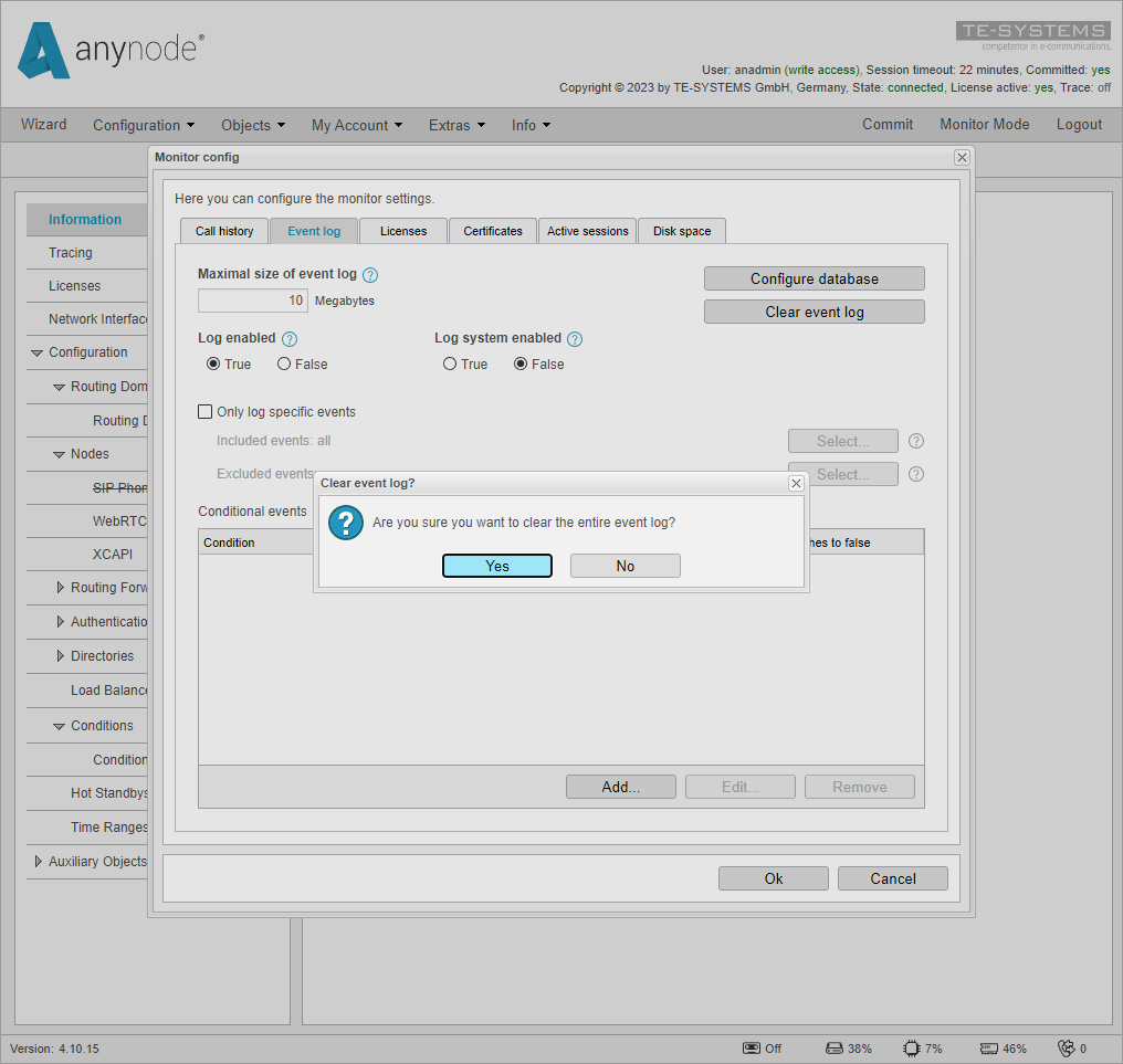 Screenshot: anynode frontend in configuration mode clear event log confirmation