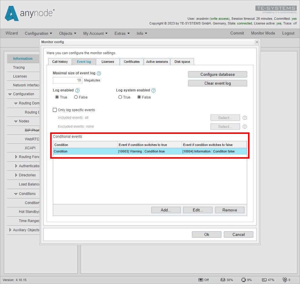 Screenshot: anynode frontend in configuration mode conditional event overview