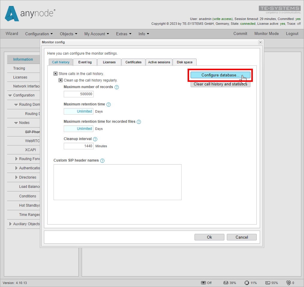 Screenshot: anynode frontend in configuration mode configure database